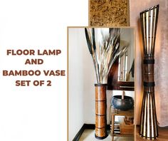 the floor lamp and bamboo vase set of 2 is displayed in front of a mirror