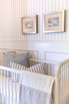 Olivia Rink’s Cozy Chic Nursery Design Reveal Classic Boy Nursery, Pottery Barn Nursery, Transitional Nursery, Olivia Rink, Little Boy Room, Striped Nursery, Chic Nursery