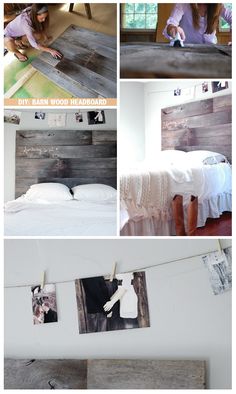 several pictures of the inside of a bedroom with wood headboard and clothes pins attached to it