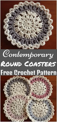 crochet coasters are shown in three different colors