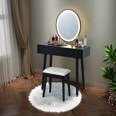 a vanity table with a stool and mirror