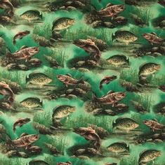 a green background with fish and turtles in the water, on it's surface