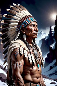 a native american man with feathers on his head standing in front of snow covered mountains