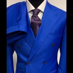 Royal Blue Double Breasted Super 150 Cerruti 1881 Wool Suit Ticket Pocket- Hand Stitched Wide Peak Lapel Double Vents Flat Front Pant 5-7 Day Delivery Time Anywhere In The World From Our Warehouse In Italy. You Will Not Find A Better Suit At This Price Anywhere. If The Fit, Price Point And Quality Does Not Exceed Your Expectations Return It For Refund. Elegant Blue Double Breasted Suit For Semi-formal Occasions, Classic Fitted Blue Double Breasted Suit, Bespoke Tailored Blue Suit, Bespoke Blue Suits For Formal Occasions, Blue Elegant Formal Sets, Elegant Blue Formal Sets, Classic Tailored Royal Blue Sets, Elegant Tailored Blue Double Breasted Suit, Elegant Tailored Blue Double-breasted Suit