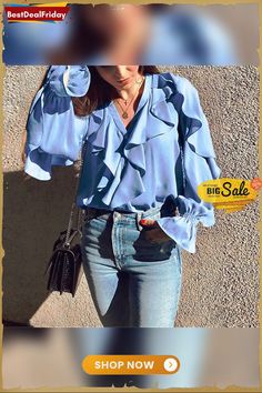 Celmia New Womens Ruffled Blouse Long Sleeve V Neck Casual Button Down Shirt Tops S-5xl Ruffle Long Sleeve Blouse, Ruffled Blouse, White Sky, Tops Plus Size, Blouse Long Sleeve, Ladies Tops, End Of Season Sale, Streetwear Casual, Chiffon Blouse