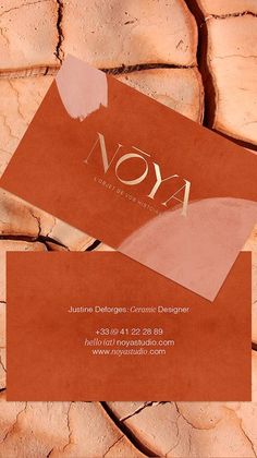 an orange business card sitting on top of some brown rocks with the word aon written in gold