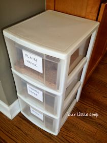 three plastic drawers with labels on them