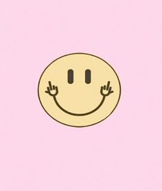 a smiley face with two fingers up in front of a pink background that says happy