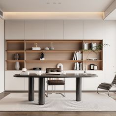 a room with a table, chairs and bookshelves