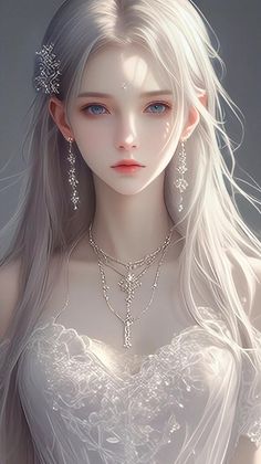 a woman with long white hair and blue eyes is wearing silver jewelry on her head