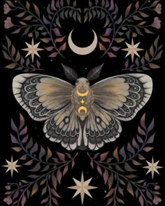 a butterfly sitting on top of a black background with stars and crescents around it