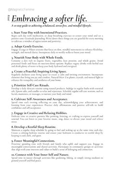 A 10 steps guide to achieving a balanced, stress-free and mindful lifestyle.   #wellness #lifestyle #selfcare #routine #healthy #health #habits #feminine #femininity #women #beauty #mindful #balanced #mindfulness #glowup #meditation #mind #body #divinefeminine #food #hygiene #wayoflife #habitudes #softlife #modedevie #sain #santé #hygiène #femme #feminine #bienêtre #soin #inspiration #pinterest #explorepage #explore Habits Of Feminine Women, Feminine Energy Habits, Soft Life Tips, Hygiene Vision Board, Woman Health Tips, How To Be Gentle, Becoming Feminine, Feminine Routine, How To Make A Vision Board