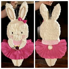 two pictures of the same bunny made out of tissue paper and pink tutu skirt