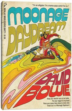 an old book cover with a man on a surfboard in mid air and the title moonage daydream