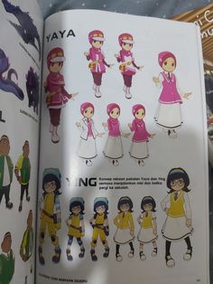 an open children's book with pictures of people in different outfits and colors on it