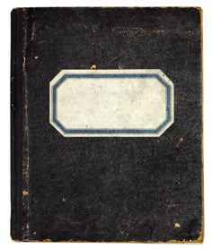 an old book with a white and blue label on the front, sitting upright against a white background