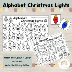 an alphabet christmas lights worksheet with matching letters