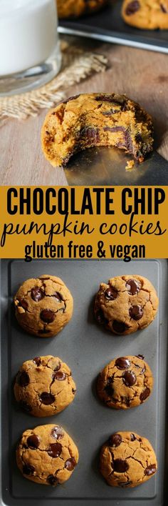 chocolate chip pumpkin cookies gluten free and vegan on a cookie sheet with the title overlay