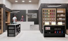 the interior of a retail store with shelves and bottles on display in front of them