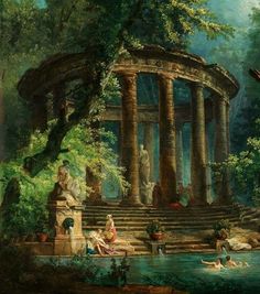 an image of a painting of people in the water by a building with columns and statues