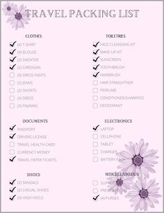 a travel packing list with purple flowers and the words traveling list written in black ink