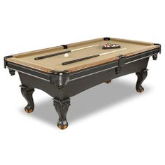 a pool table with cues and cues on the top, next to an image of a billiard