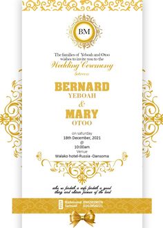 a wedding card with a gold bow on the front and bottom, in an ornate frame