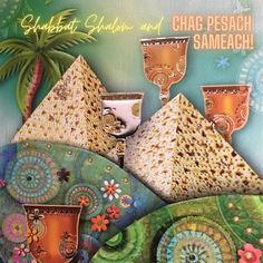 an advertisement for chag - pesah samaeach with three cups and saucers