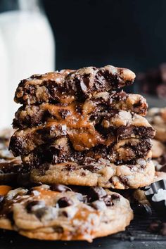 chocolate chip cookies stacked on top of each other