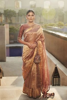 Pink Tissue Saree Blouse Designs, Blouse Designs For Tissue Sarees, Tissue Silk Saree With Border, Tissue Organza Saree Blouse Designs, Tissue Silk Saree Blouse Design, Closed Neck Blouse Designs, Tissue Saree Blouse Designs Latest, Golden Saree With Contrast Blouse, Pink Tissue Saree