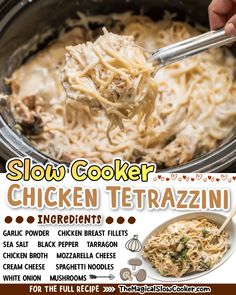 the poster for slow cooker chicken tetrazzini is shown with ingredients in it