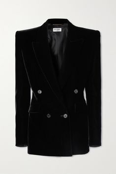 SAINT LAURENT reimagines the iconic 'Le Smoking' jacket each season. This version from the Fall '23 collection is tailored from plush velvet and detailed with broad, padded shoulders that accentuate its powerful silhouette. Wear it unbuttoned for a more relaxed take. Black Double Breasted Blazer, Fall 23, Cocktail Formal, Custom Made Clothing, Fantasy Gowns, Velvet Blazer, Velvet Jacket, Red Outfit, Printable Poster