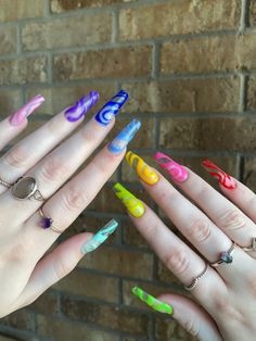 Multi Neon Nails, Clear Neon Nails, Neon Pride Nails, Edgy Colorful Nails, Clear Rainbow Nails, Neon Pastel Nails, Rainbow Nails Acrylic, Neon Rainbow Nails