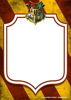 a harry potter crest on top of a red and yellow striped background with a white frame