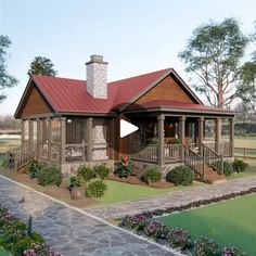 this is a computer rendering of a small cabin style house with porches and stairs