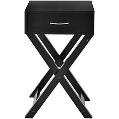 a black side table with metal legs and drawers on the bottom, one drawer open