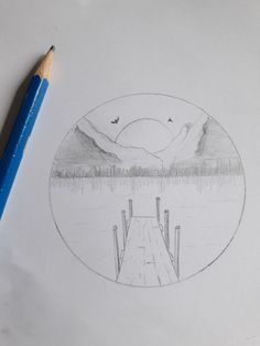 a pencil drawing of a dock with mountains in the background