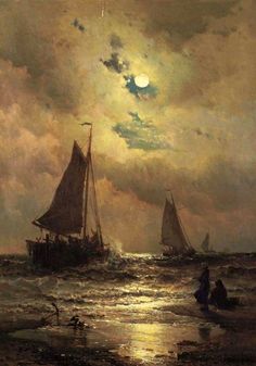 a painting of sailboats in the ocean at night