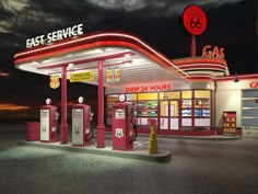 the gas station is lit up at night