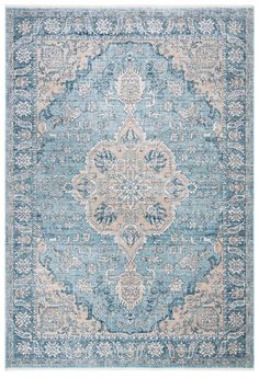 a blue and beige rug with an ornate design