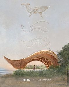 an artistic rendering of a bridge over water with a whale floating in the sky above it