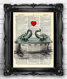 two elephants in a bathtub with a red heart floating above them on an old book page