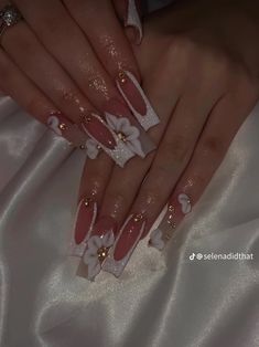 Extra Long Nail Designs Square, Latina White Nails, 3rd Flower Acrylic Nails, White Virgencita Nails, Birthday Nail Set Ideas Aquarius, Graduation Nails Long, Latina Nail Inspo Medium, 3d Acrylic Flowers Nails, Basic But Cute Nails