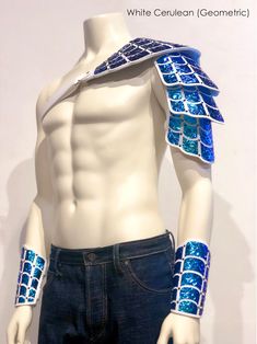 a male mannequin with blue and white designs on it's arm sleeves