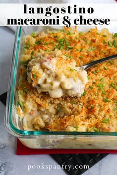 a glass casserole dish filled with macaroni and cheese