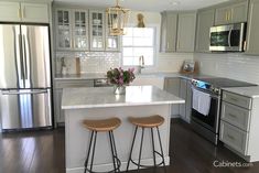 a kitchen with two stools at the island