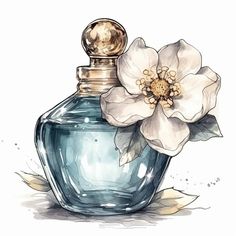 a drawing of a perfume bottle with a flower on the top and leaves around it