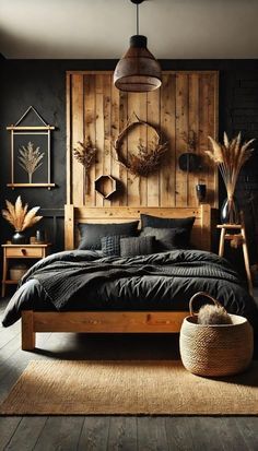 #girlsroom #bedroomideas #dormdecor #bohobedroom #bohochic #homedecortips Black Country Bedroom Ideas, Black And Wood Theme Bedroom, Full Black Bedroom, Dark Blue Rustic Bedroom, Black Bedroom Boho, Boho Western Master Room Bedroom Ideas, Viking Bedroom Aesthetic, Black Sheets Bedroom Ideas, Wood And Black Decor