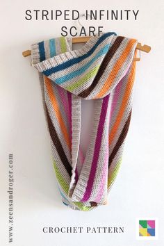 the striped scarf is hanging on a clothes hanger with text overlay that reads, striped - infinitity scarf crochet pattern