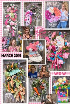 a collage of photos with flowers and ribbons